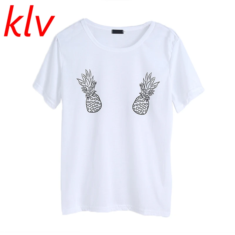 

KLVHarajuku Women 2017 Summer Two Pineapple Print Stereoscopic 3D T Shirt Fashion Cotton Originality O-Neck Short Sleeve T-shirt