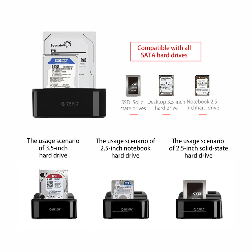 ORICO Dual Bay HDD Docking Station with Offline Clone SATA to USB 3.0 HDD Clone Docking Station for 2.5/3.5'' SSD HDD Enclosure hard disk box