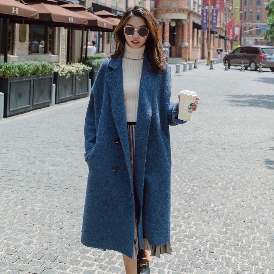 

Simple Elegance Tailored Collar Woolen Coat Woman Chic Loose Outerwear Wool Overcoat Winter Surcoat