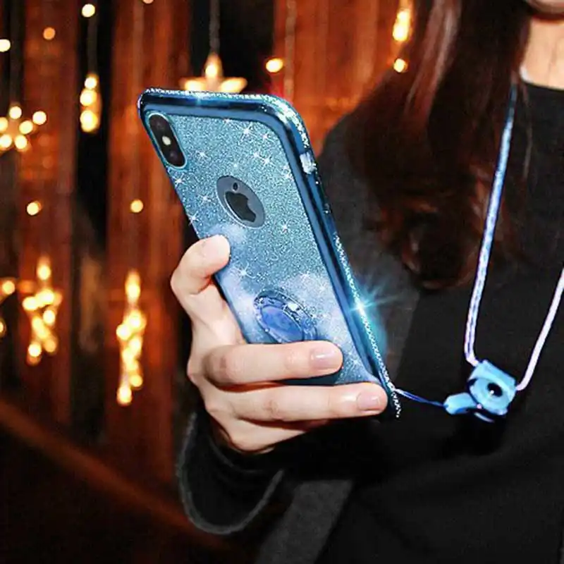Brillante Cover Protectora para iPhone SE 2020 Negro Glitter Dimante Ultra Delgada TPU Carcasa con Anillo Kickstand de 360 y Cordon OCYCLONE Funda iPhone SE 2020 4.7