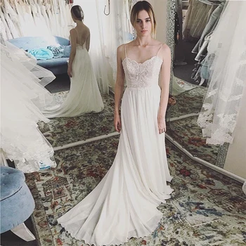 

Sexy Beach Wedding Dress Spaghetti Straps Appliques Chiffon Skirt Backless Sweep Train Vestido De Novia Ivory Robe De Mariee