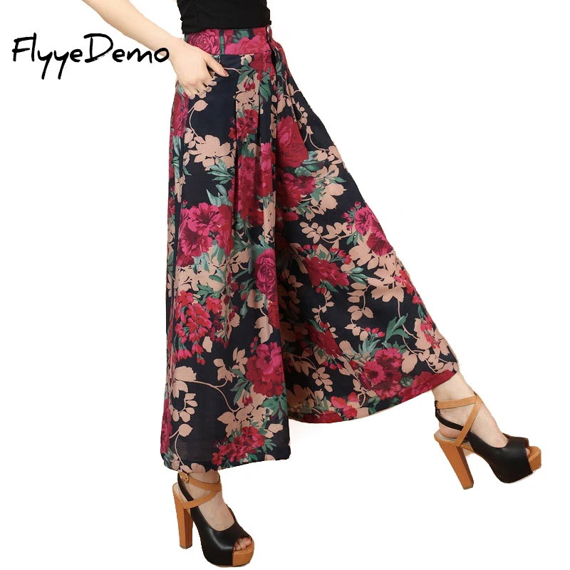 

2019 Plus size Summer Women Print Flower Pattern Wide Leg Loose Linen Dress Pants Female Casual Skirt Trousers Capris Culottes