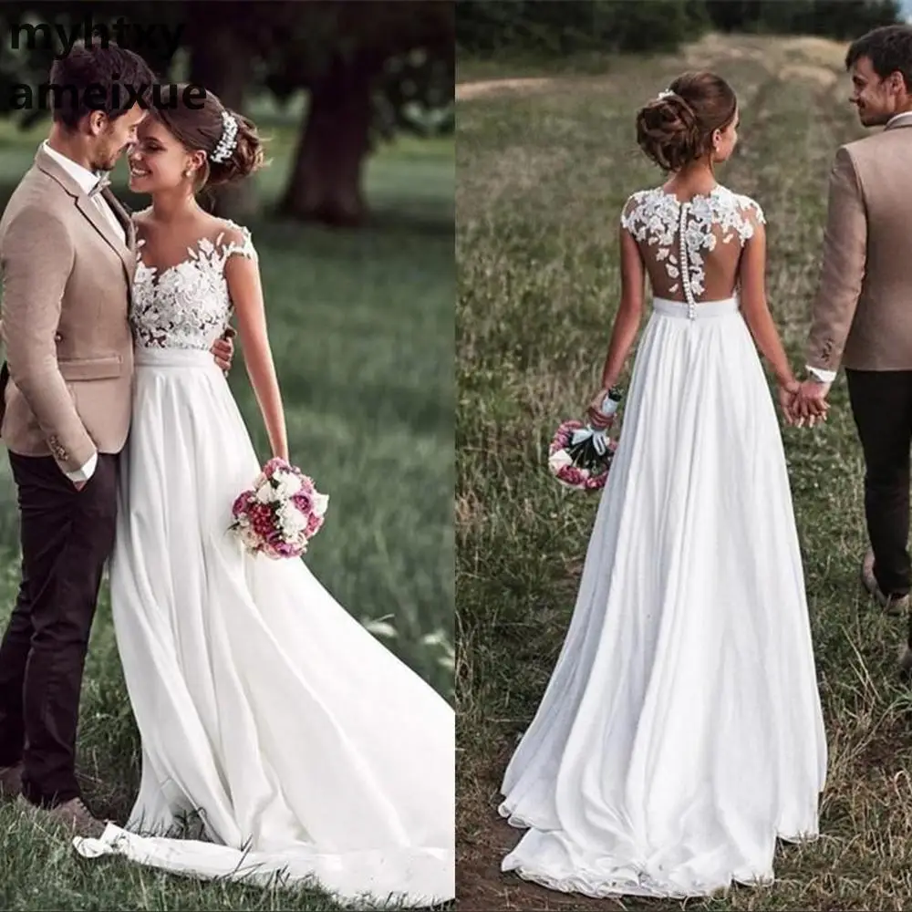 Пляжное кружевное платье невесты с аппликацией,, рукава-крылышки, разрезы, боковые пуговицы, белое/lvory, дешевое свадебное платье на заказ, Vestido De Noiva
