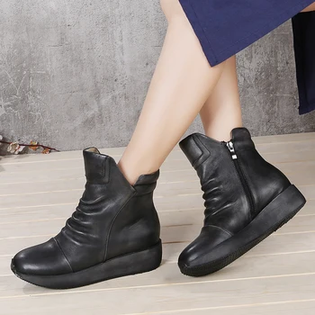 

Vintage Pleated Shoes Woman Original Leather Female Short Boots Handmade Zipper Old-fashioned Lady Wrinkle Ankle Booties