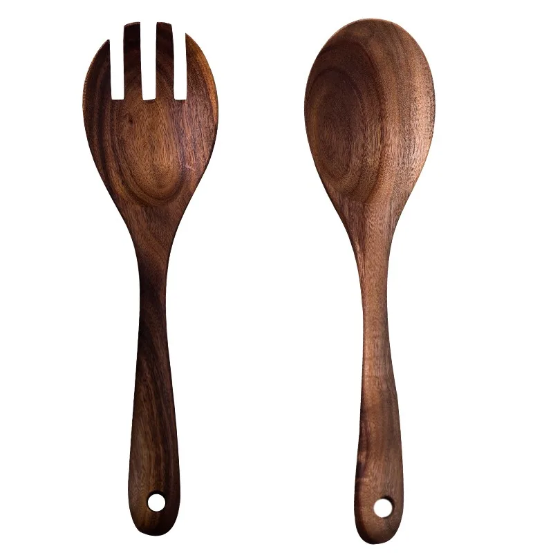 2Pcs Wooden Fork Spoon Set Natural Wood Salad Forks Mixing Spoons Wooden Kitchen Utensils (5)