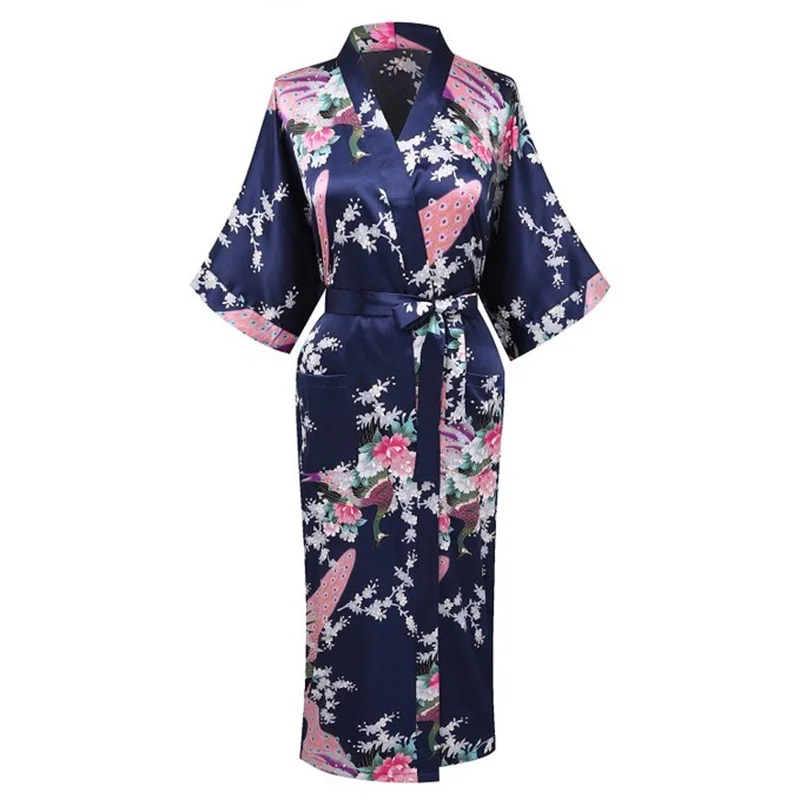 Новое поступление светло-зеленого цвета для женщин, из искусственного шелка кимоно юката платье подружки невесты Свадебный халат, ночная рубашка, одежда для сна с цветочным принтом S M L XL XXL XXXL ZS08 - Цвет: navy blue