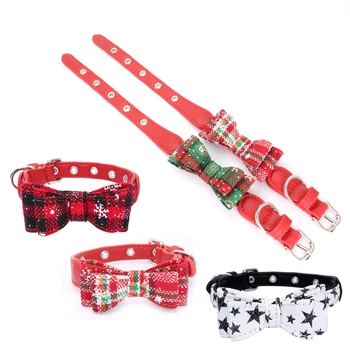 

Christmas Dog Collar With Bow Tie Snowflake Adjustable PU Leather Pet Cat Collar Puppy Dog Necklace Chihuahua French Bulldog 35