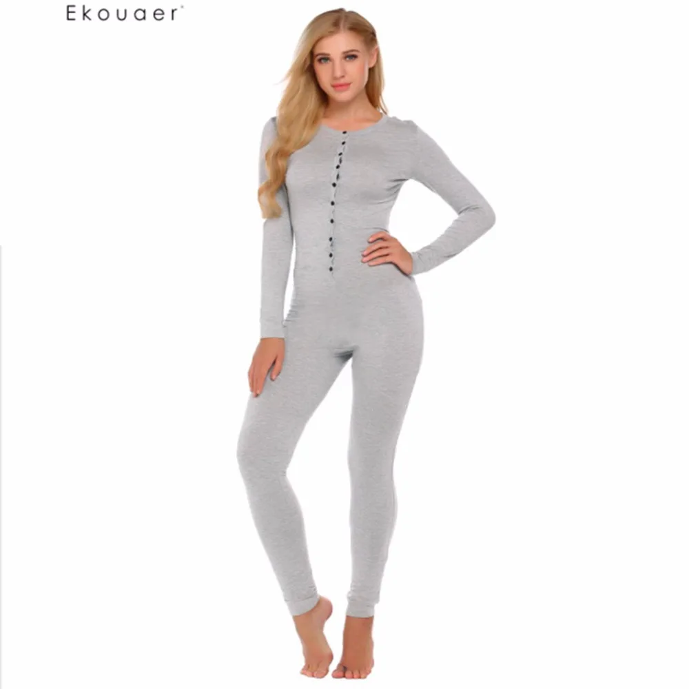 Ekouaer Adult Onesie Pajama Set Women Long Sleeve Solid