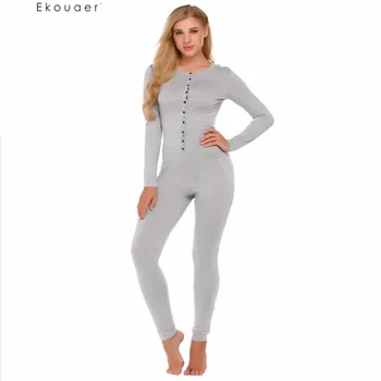 

Ekouaer Adult Onesie Pajama Set Women Long Sleeve Solid Slim Sleepwear Soft Nightwear Autumn Casual Pajamas Set Union Suit