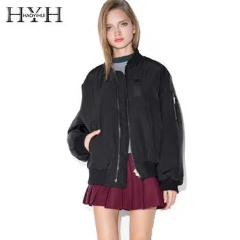 

HYH HAOYIHUI Fashion Flamingos Embroidery Women Jacket Loose Long Sleeve Zipper Bomber Jacket Streetwear Casual Solid Black Tops