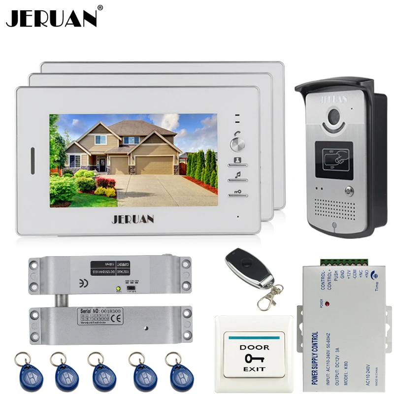 JERUAN 7 inch LCD color screen video door phone intercom system kit 3 monitor waterproof 700TVL RFID Access IR Camera 1V3 | Безопасность