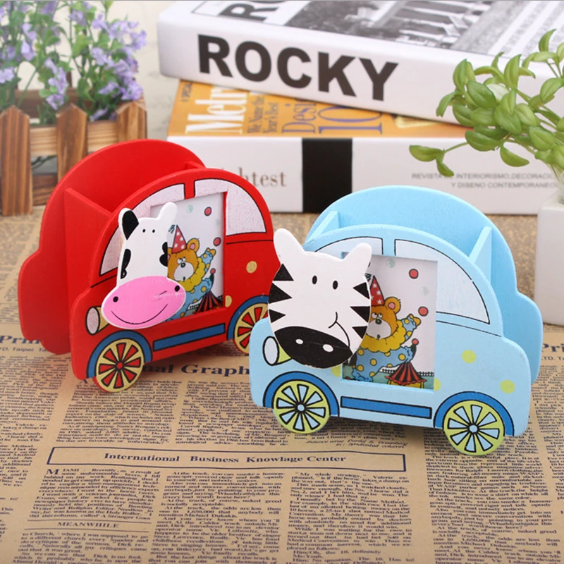 Cartoon creative multifunctional pen holder Wooden car pen container
