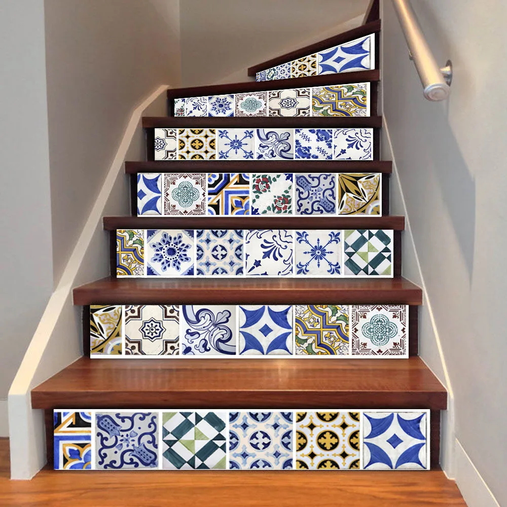 

Blue Arabian Ceramic Tile Style Stairs Stickers Waterproof Staircase Art Decoration Decal Creative Stairs Renovation Mural 2018