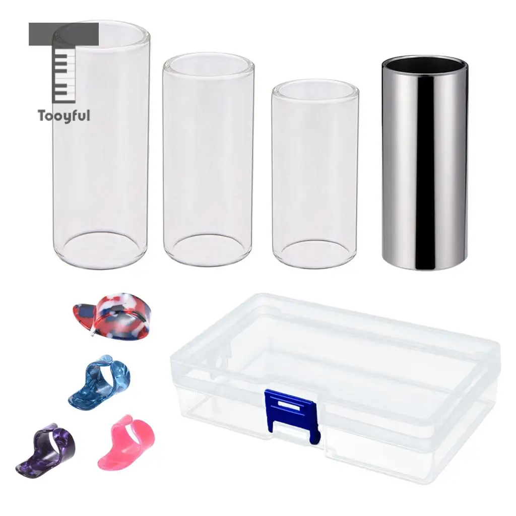 Tooyful 3Pcs Glass Slide +1 Pc Stainless Steel Slide + 4 Pcs Guitar Finger Picks +1 Pc Box for Guitar