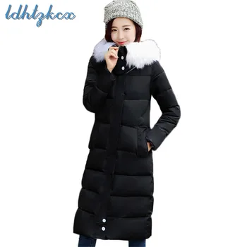 

Winter Coat Women Black Pink Plus Size Feathers Hooded Parka 2018 Korean New Office Long Loose Slim Thick Coats Feminino LD373