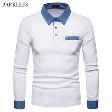 Джинсовая мужская рубашка поло в стиле пэчворк, осень, новинка, приталенная белая рубашка поло с длинным рукавом, Мужская Повседневная рубашка поло с фальш-карманом