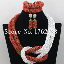 Нигерийские Свадебные африканские косички комплект ювелирных изделий, красные и белые хрустальные бусины колье, свадебные украшения набор C000163