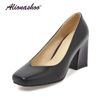 

2019 Spring Large Size 43 Square Toe Women Shallow Black High Heel Pumps For Ladies Fashion PU Leather Wedding Women Shoes
