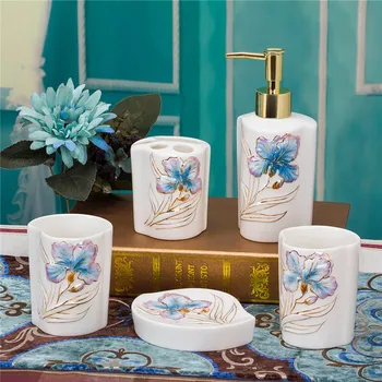 

Jingdezhen Yucai Ceramic Bathroom Set 5 Iris Flower Washware Gift Box Creative Wedding Gifts LO726405
