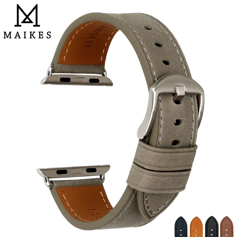 Ремешок MAIKES из натуральной кожи для Apple Watch Band 44 мм 42 Series 4/3/2/1 серый браслет iWatch 38 40