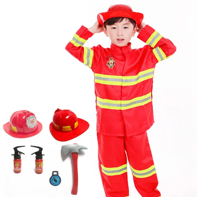 

2019 Fireman Sam Kids Halloween Christmas Cosplay Costumes for Boy Party Uniforms Set Toy Firefighter Funny Hat Axe Accessories