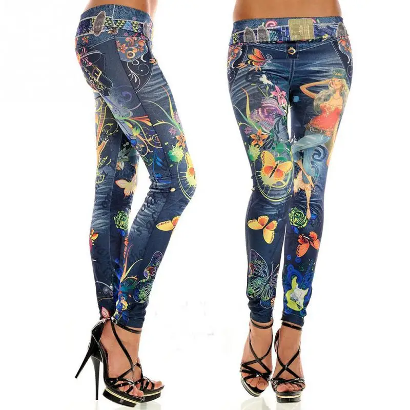 

Women Colorful Painted Floral Imitated Jeans Legging Sexy Faux Jeans Woman female Midwaist Leggings Free Size