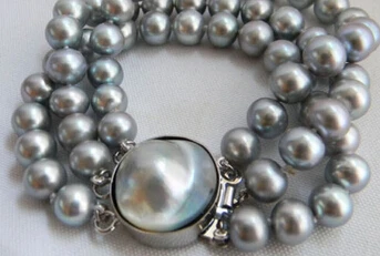 

shitou 00726 A 3Strands 8'' 9-10mm Gray Round Freshwater Pearl Mabe Clasp Bracelet