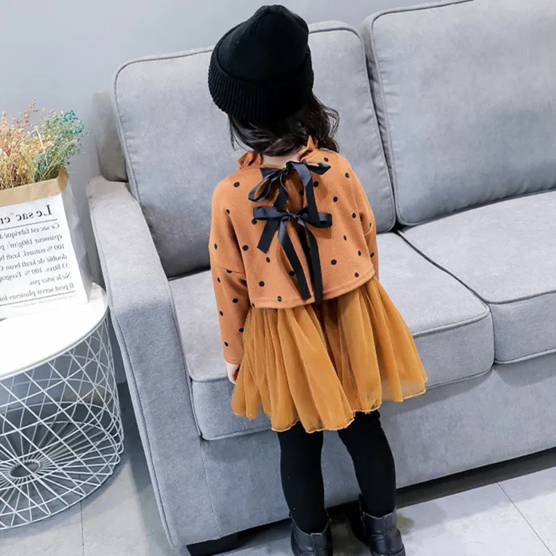 

DFXD Little Girls Dresses New Arrival Winter Long Sleeve Dot Net Yarn Spliced Back Ribbons Thick Velvet Girl Princess Dress 2-8Y