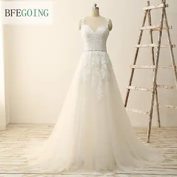 

White Tulle Lace A-line Wedding dress Sweep Train V-Neck Spaghetti Straps Sleeveless Bridal Gowns Real /Original Photos