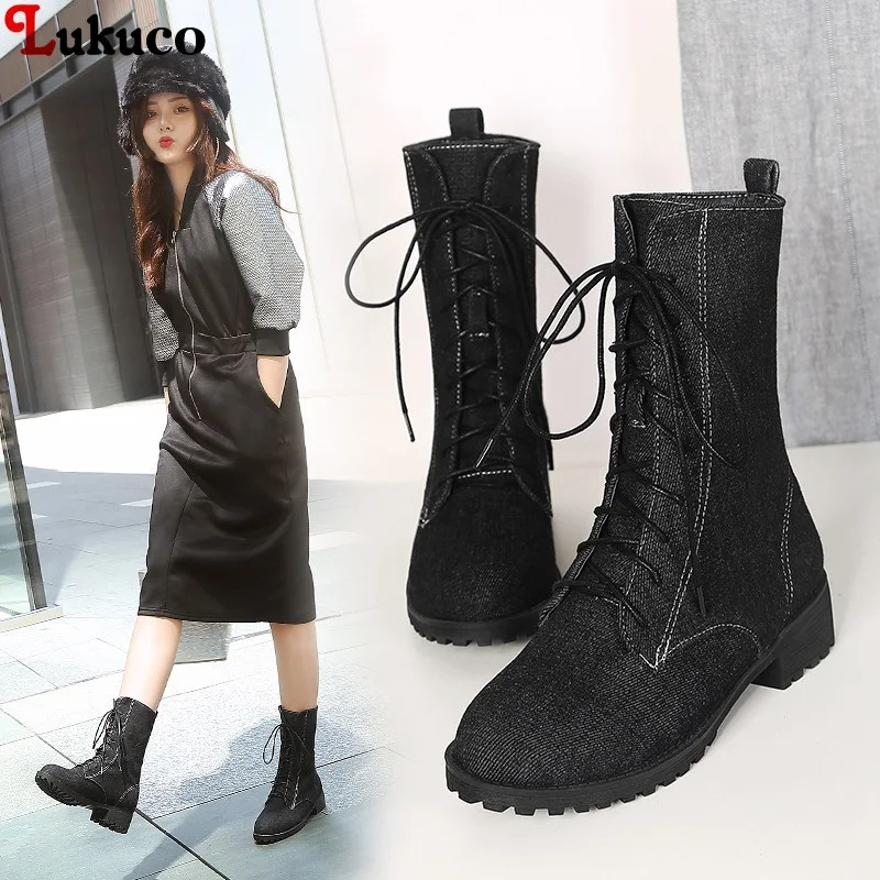 

2019 Lace-up Autumn Winter Female Boots Women Denim Boots Large Size 37 38 39 40 41 42 43 44 45 46 Concise Shoes riding boots