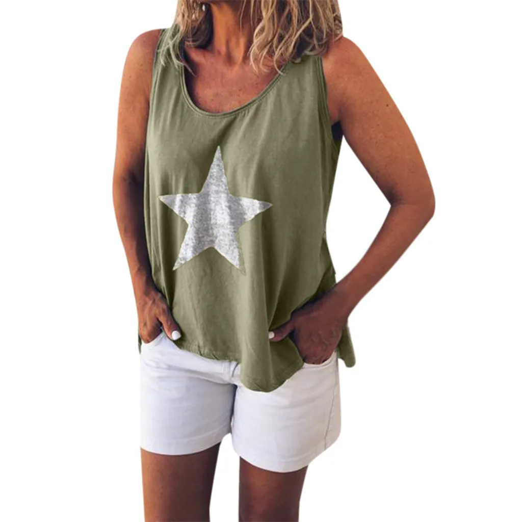 

Summer Fashion Women Round Neck Sleeveless Tops Solid star Printed Vest Loose Casual tank tops