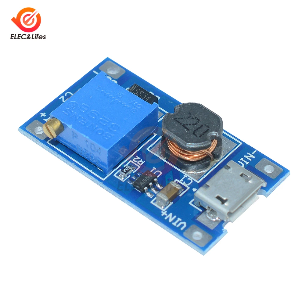 

10Pcs MT3608 2A Max Adjustable step-up Boost Converter Board DC-DC 2-24V To 28V Step Up Power Module Micro USB Port for Arduino