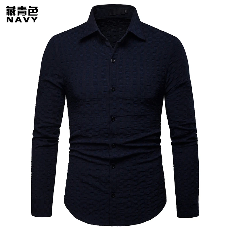 Европейская версия мужская деловая весенняя и осенняя клетчатая Повседневная рубашка с капюшоном и длинными рукавами - Цвет: Тёмно-синий