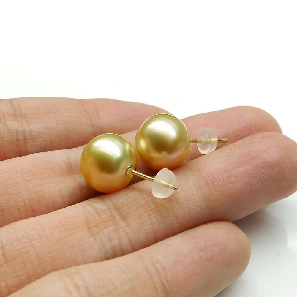 

Top Luster 10.6mm Natural Gold South Sea Pearl Ear Stud Earrings jewerly Yellow Gold