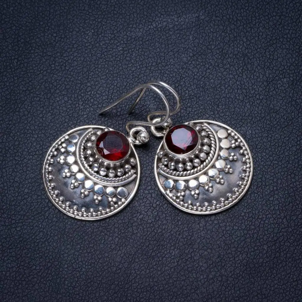 

Natural Garnet Handmade Unique 925 Sterling Silver Earrings 1.25" X3619