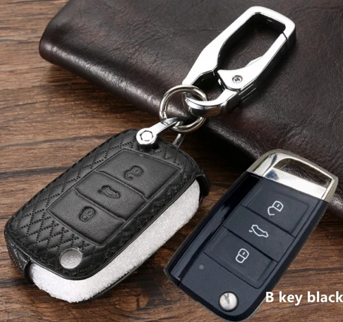 Автомобильный кожаный чехол для ключей, держатель для VW MK7 Tiguan Bora Golf R Passat Caddy Seat Altea Alhambra Ibiza для Skoda Octavia A5 A7 Kodiaq - Название цвета: B key black