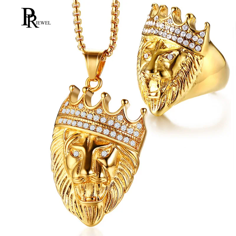 Men's Punk Lion Head Jewelry Sets Gold Tone Stainless Steel Rings and Necklace Set Male Boy Hiphop Accessories Men's Punk Lion Head Jewelry Sets Gold Tone Stainless Steel Rings and Necklace Set Male Boy Hiphop Accessories