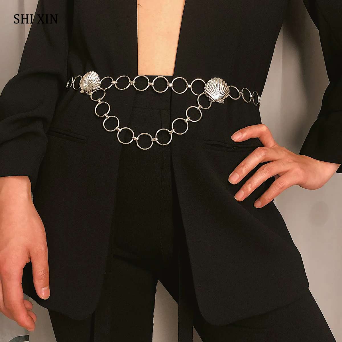 

SHIXIN Elegant Scallop Shell Designer Waist Belt Female Fashion Layered Metal Simple Hoop Chain Belt for Women Waist Chain Belly