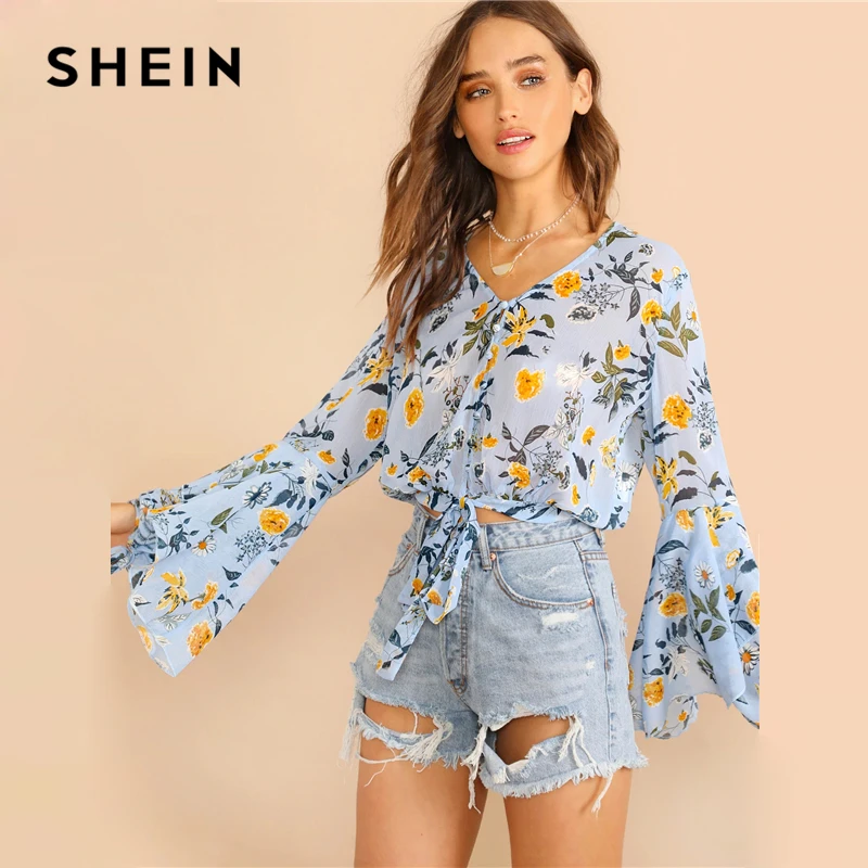 SHEIN блуза с рукавами-колокольчиками и узлом спереди с растительным принтом Гламурные женские синие топы с v-образным вырезом и длинным рукавом на весну и осень