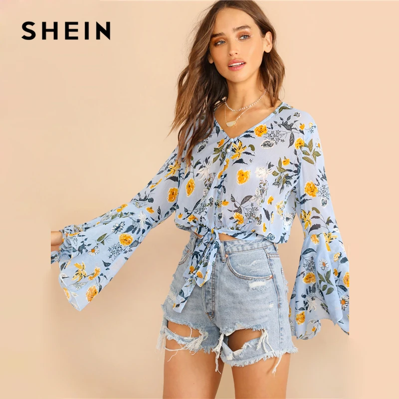 Женская блузка с длинным рукавом SHEIN синяя и бантом спереди 2019|Блузки| |