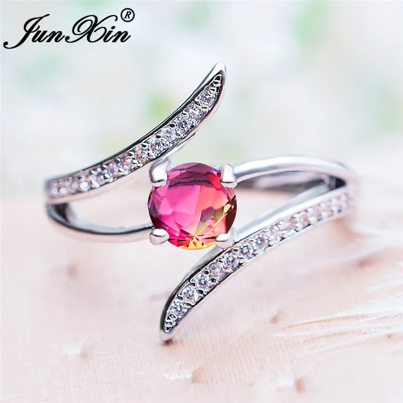 Boho женские радужные Кристаллы Камень волнистые кольца для женщин 925 Серебряный Цвет Синий Красный Желтый Циркон Круглые обручальные кольца ювелирные изделия CZ