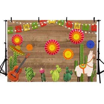 

Mexico Party Photography Backdrop Summer Color Paper Flower Guitar Cactu Wood Floor Birthday Background Photo Studio Photocall
