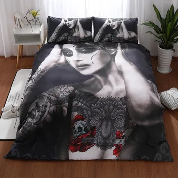 

Lai Yin Sun Tattooed beautySkull Printed Duvet Cover Set 2/3pcs Single Queen King Bedclothes Bed Linen Bedding Sets