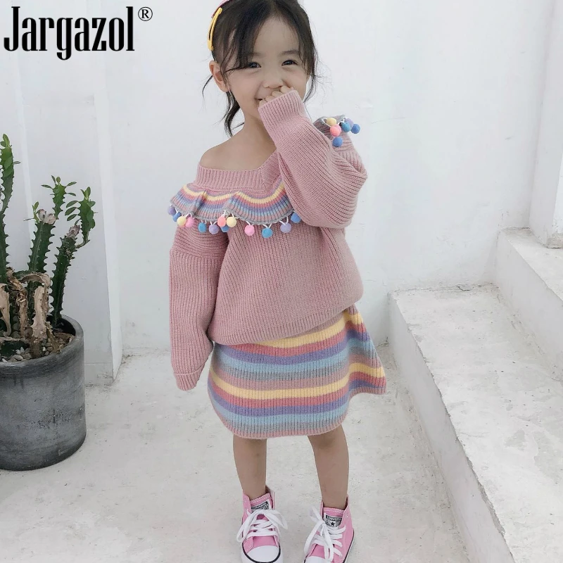 

2019 Autumn Girls Sweater Clothes Set Fashion Ball Collar Tops Sand Rainbow Knitted Skirt Clothing Suit Children Warm Sweat Sets