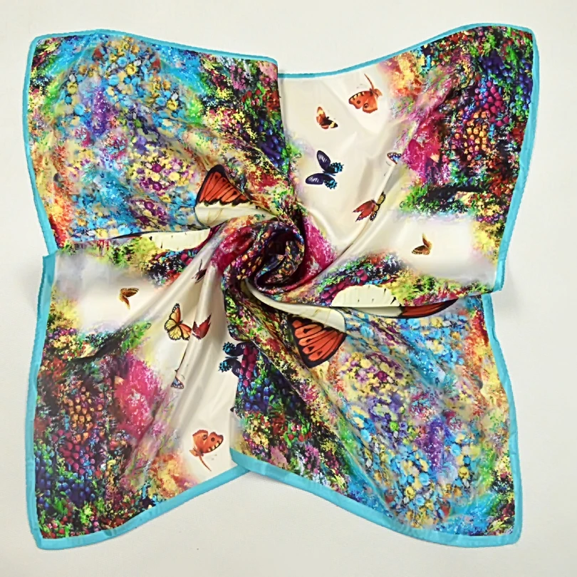 

[BYSIFA] Chinese Women Small Square Silk Scarf Spring And Autumn Female Silk Scarf New Butterfly Pattern Satin Scarves 55*55cm