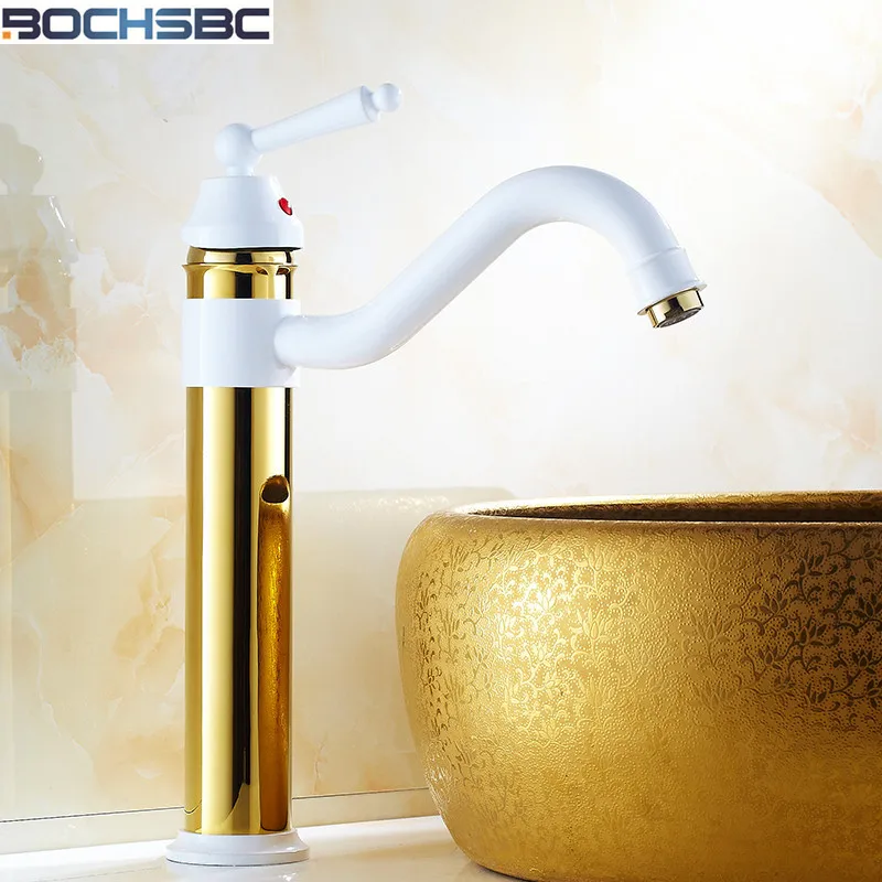 

BOCHSBC Basin Faucet Antique Brass Retro Bathroom Basin Sink Mixer Taps Deck Mounted Single Holder Faucet White Gold Finish