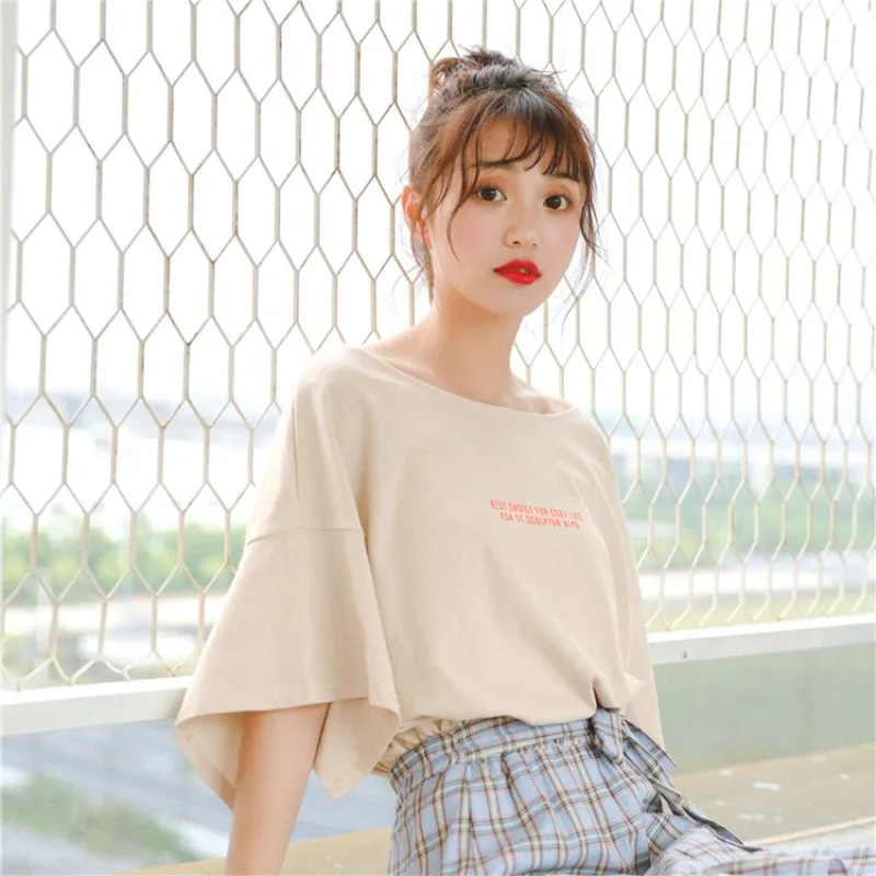 

Letter printed bat sleeve T-shirt female summer new fashion wild small fresh short-sleeved T-shirt women's loose casual tops