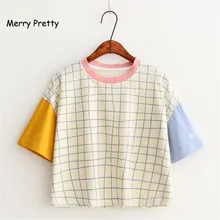 Merry Pretty New Summer Women Letter Embroidery Plaid t shirt Fashion Patchwork Design T shirts Short Sleeve Casual Cotton Tops
