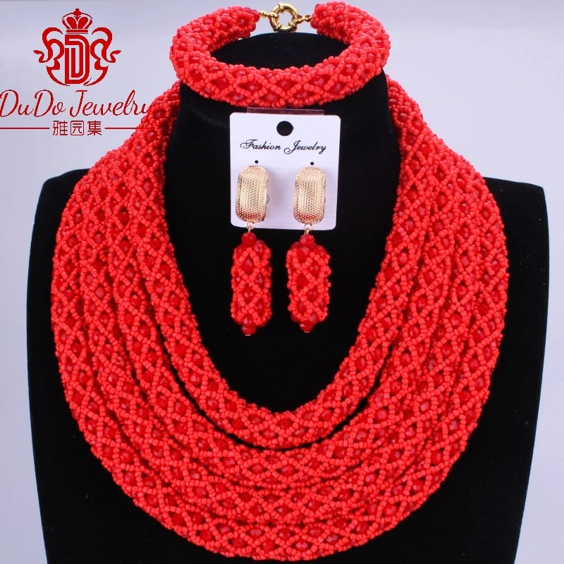 

Hot Red Nigerian Wedding African Jewelry Sets 4 Layers Statement Necklace Set For Brides Party Bridal Chunky Jewelry Fashionable