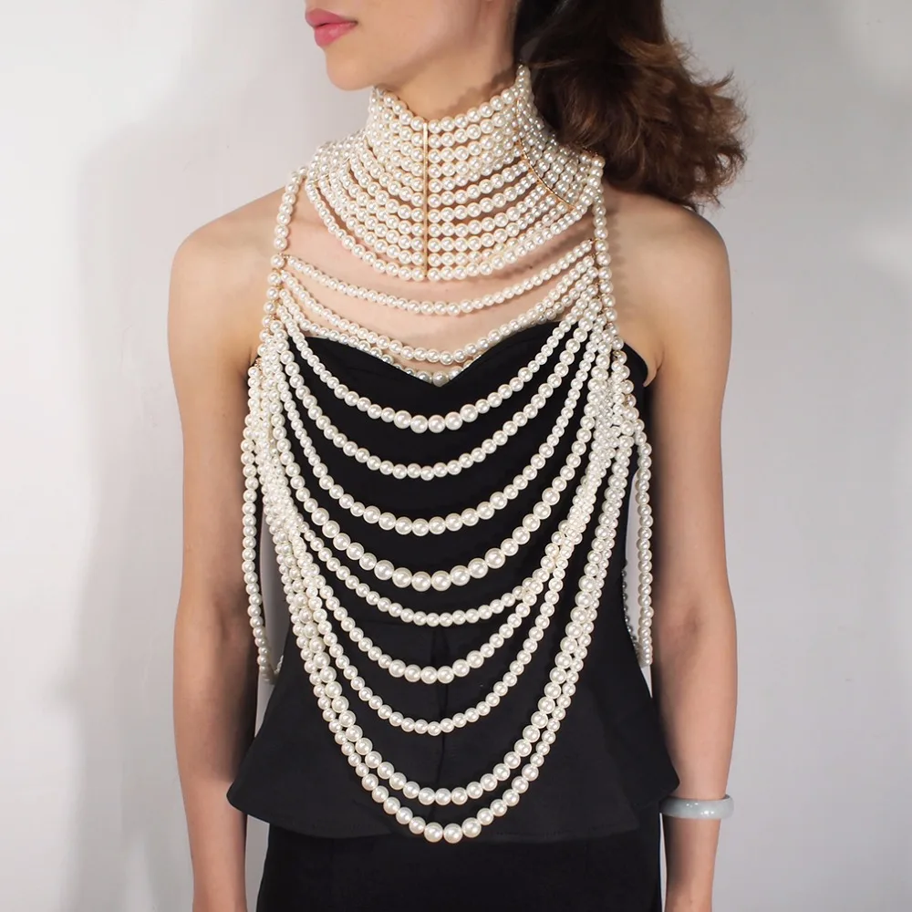 

MANILAI Imitation Pearl Statement Collar Necklaces Multilayer Pendants Necklaces Women Exaggerate Sexy Body Chain Jewelry